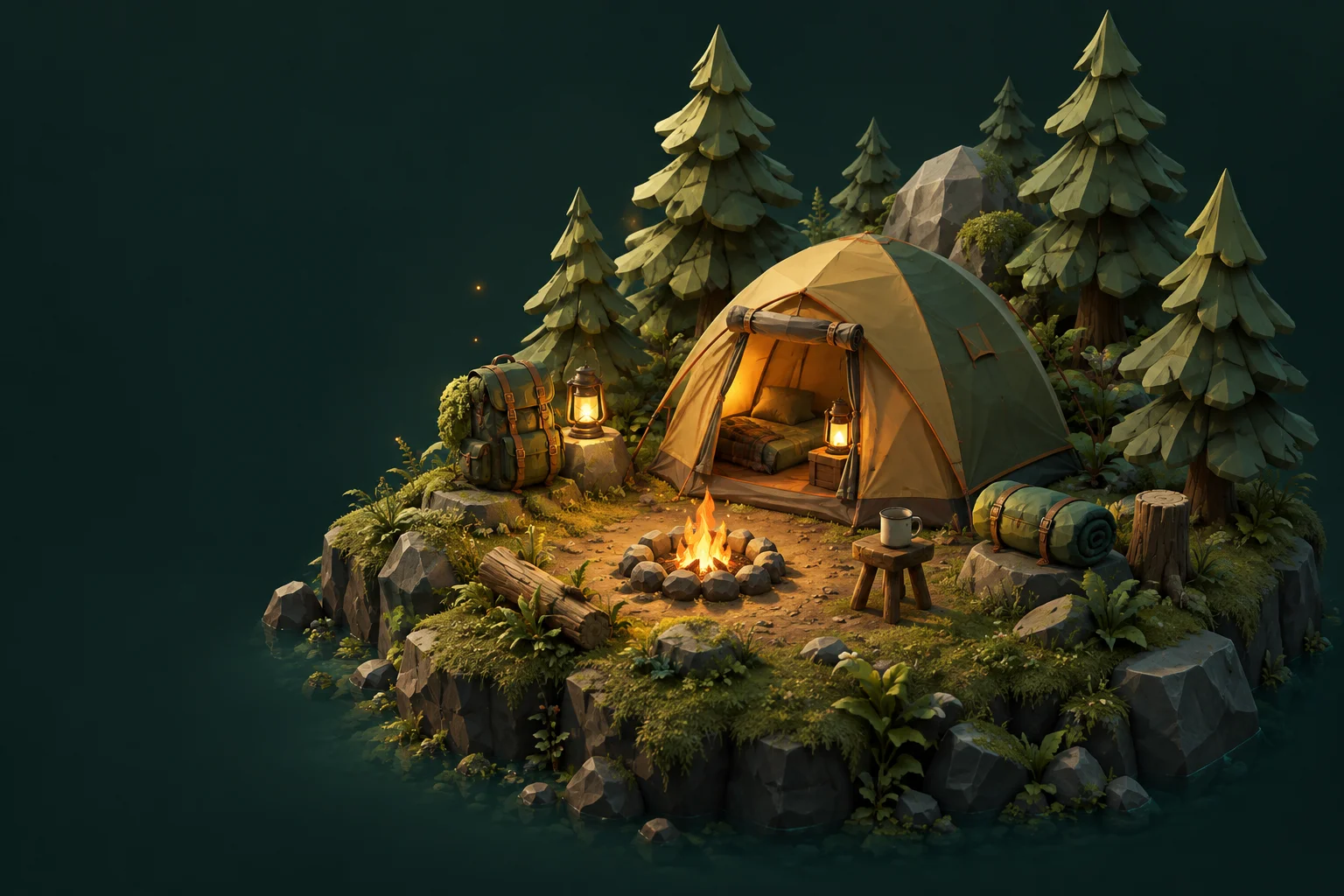 Concept illustrativo: tenda, falò e pini su un piccolo diorama. Non è un render degli asset del pack.